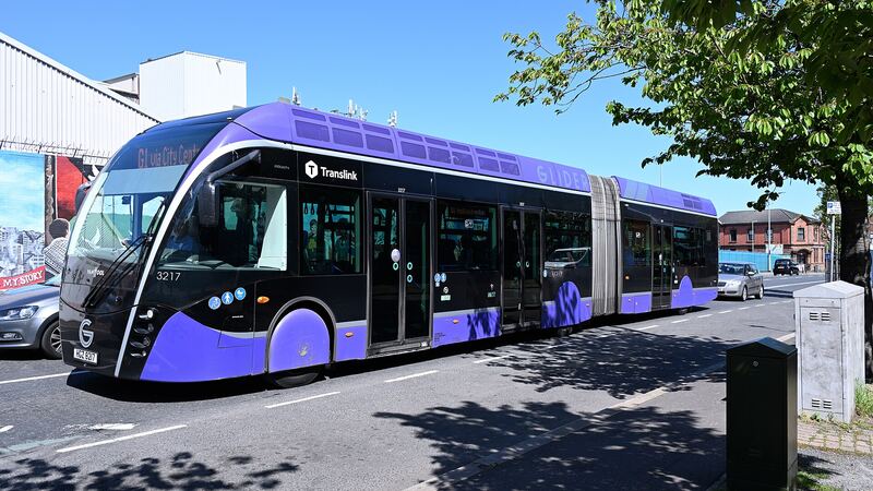 A purple Translink Glider in Belfast